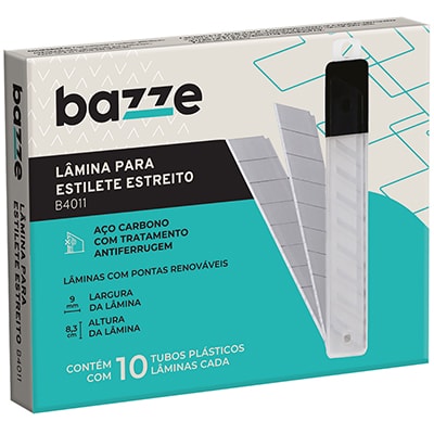 Lâminas para Estilete Estreito 9x83mm B015 10un, 629704, Bazze - CX 10 TB