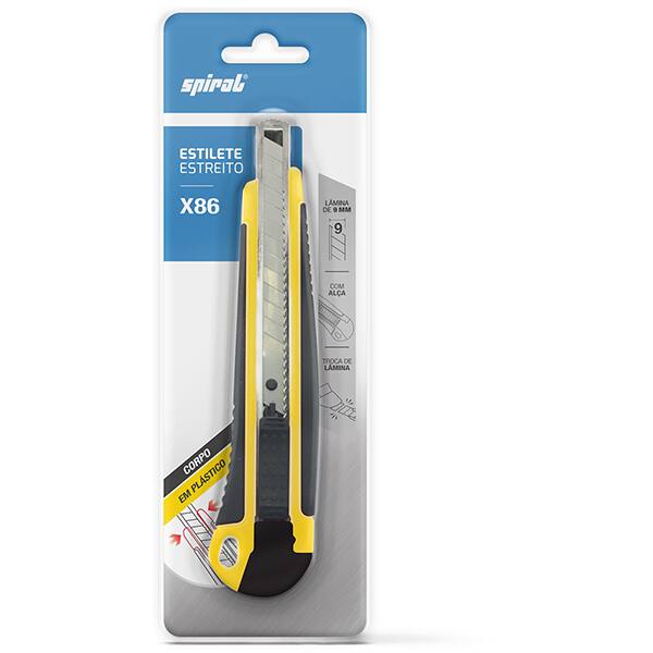 Estilete estreito emborrachado em plástico, Lâmina de 9mm, Amarelo, X86, Spiral - BT 1 UN