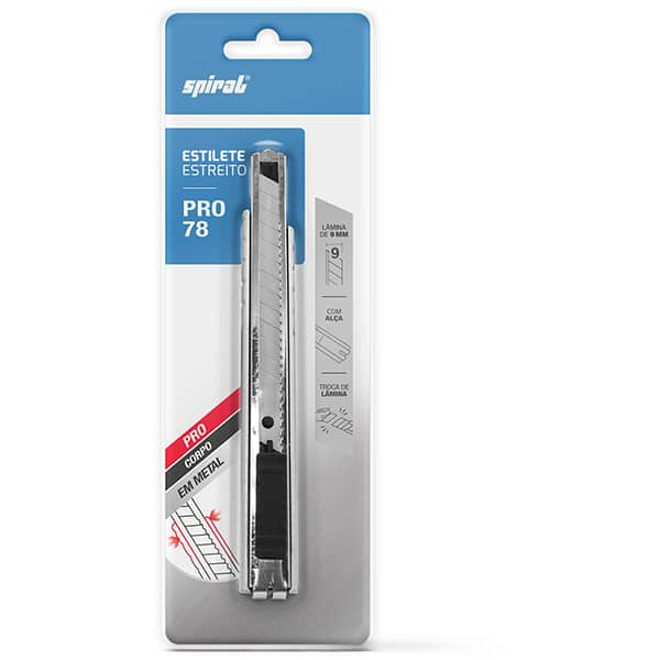Estilete estreito Profissional em metal, Lâmina de 9mm, PRO-78, Spiral - BT 1 UN