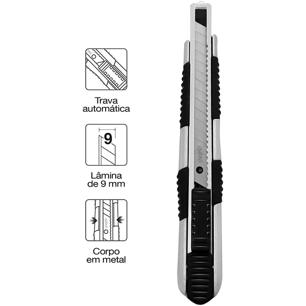 Estilete estreito Profissional em metal, Lâmina de 9mm, PRO-909, Spiral - BT 1 UN