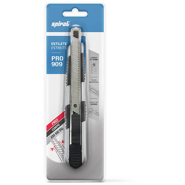 Estilete estreito Profissional em metal, Lâmina de 9mm, PRO-909, Spiral - BT 1 UN