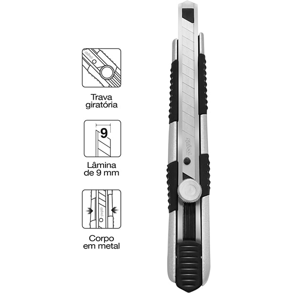 Estilete estreito Profissional em metal, Lâmina de 9mm, PRO-909-2, Spiral - BT 1 UN