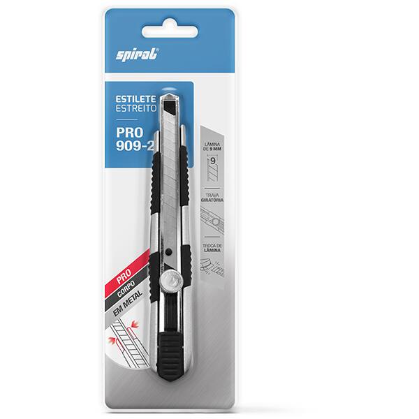 Estilete estreito Profissional em metal, Lâmina de 9mm, PRO-909-2, Spiral - BT 1 UN