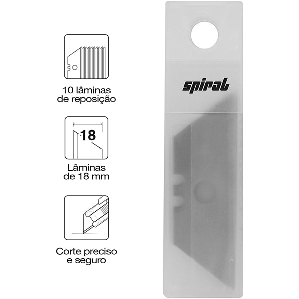 Lâmina para Estilete de Segurança 18mm em Aço Carbono Spiral - BT 10 UN