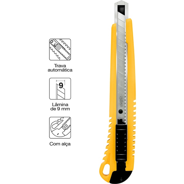 Estilete estreito em plástico com alça, Lâmina de 9mm, Amarelo, X91-1, Spiral - BT 1 UN