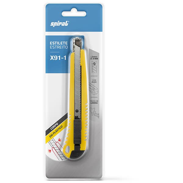 Estilete estreito em plástico com alça, Lâmina de 9mm, Amarelo, X91-1, Spiral - BT 1 UN
