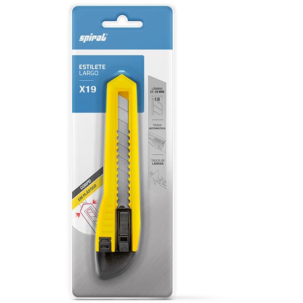 Estilete largo em plástico, Lâmina de 18mm, Amarelo, X19, Spiral - BT 1 UN