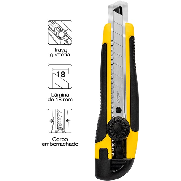 Estilete Largo em Plástico Emborrachado, Lâmina de 18mm, Amarelo, D95, Spiral - BT 1 UN