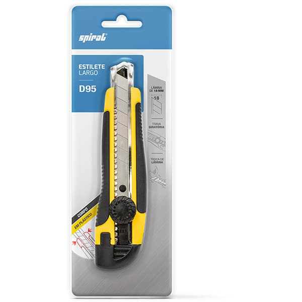 Estilete Largo em Plástico Emborrachado, Lâmina de 18mm, Amarelo, D95, Spiral - BT 1 UN
