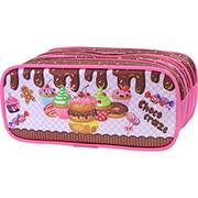 Estojo escolar triplo em poliéster, Chocolate, 5172, Estojos Kids - PT 1 UN