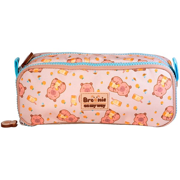 Estojo escolar duplo em poliéster, College Capivara Brownie, 15866, Xeryus - PT 1 UN