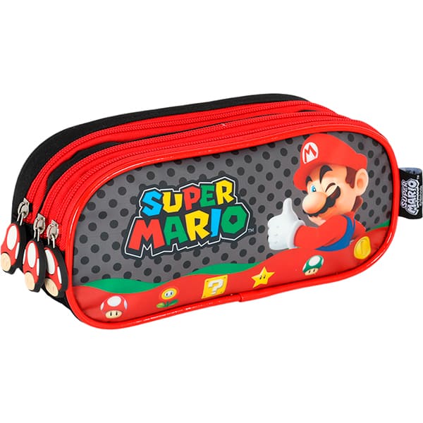Estojo escolar triplo em poliéster, Mario Bros, Vermelho e Preto, EI42545MO0600U, Luxcel - PT 1 UN