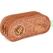Estojo escolar em poliéster Up4you Capivara, Marrom, Luxcel - PT 1 UN