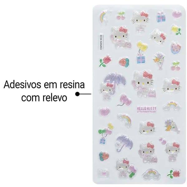 Adesivo Hello Kitty, Bubble em Resina, Cartela com 34 Adesivos, Spiral - PT 1 UN Adesivo Hello Kitty, Bubble em Resina, Cartela com 34 Adesivos, Spiral - PT 1 UN