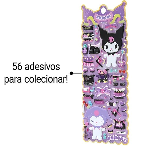 Adesivo Kuromi, Puffy em PVC, cartela com 56 Adesivos, Spiral - PT 1 UN Adesivo Kuromi, Puffy em PVC, cartela com 56 Adesivos, Spiral - PT 1 UN