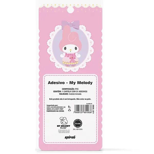 Adesivo My Melody, Puffy em PVC, cartela com 51 Adesivos, Spiral - PT 1 UN Adesivo My Melody, Puffy em PVC, cartela com 51 Adesivos, Spiral - PT 1 UN