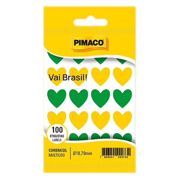 Etiqueta Adesiva para Codificação, Coração Brasil, Verde e Amarelo, 970996, Pimaco - BT 100 UN