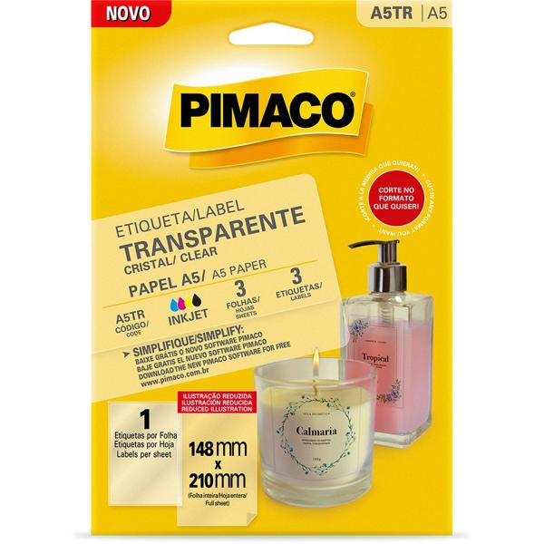 Etiqueta ink-jet / laser, Transparente, 149mm x 210mm A5, A5TR 970871, Pimaco - PT 3 UN