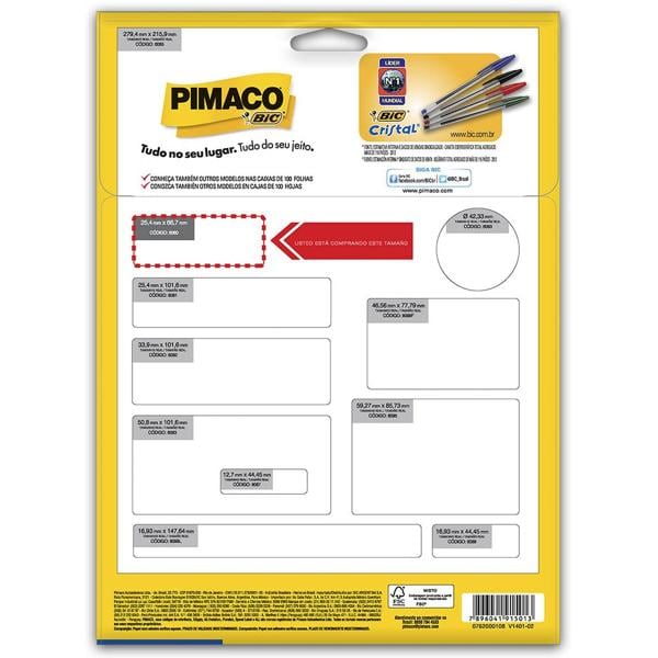 Etiqueta ink-jet/laser Carta 25,4x66,7 6080 Pimaco PT 300 UN