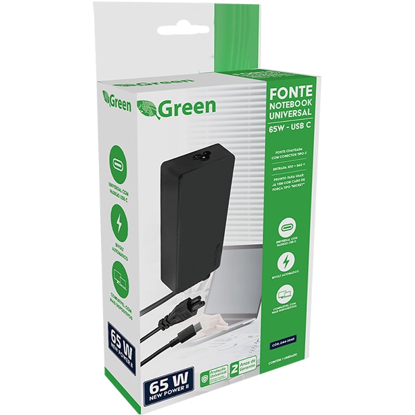 Fonte Alimentação para Notebook Tipo C, Bivolt, 65w, 0443045, Green - CX 1 UN