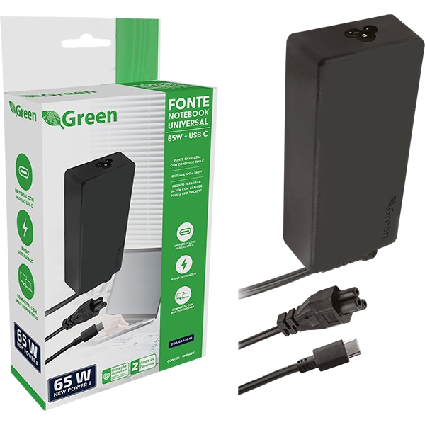 Fonte Alimentação para Notebook Tipo C, Bivolt, 65w, 0443045, Green - CX 1 UN