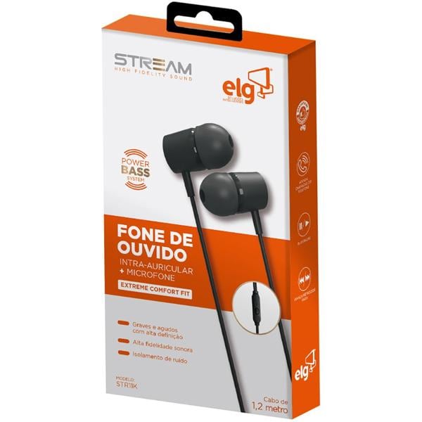 Fone de ouvido Intra, com microfone, Preto, STR11K, Elg - CX 1 UN