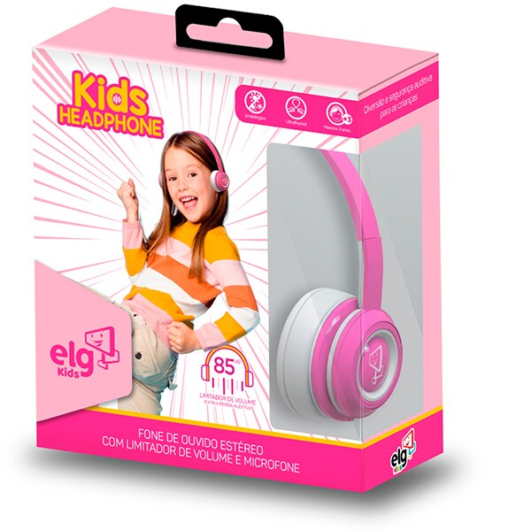 Headphone infantil, P3, Rosa e Branco, KD01PW, Elg - CX 1 UN