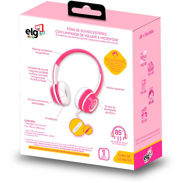 Headphone infantil, P3, Rosa e Branco, KD01PW, Elg - CX 1 UN