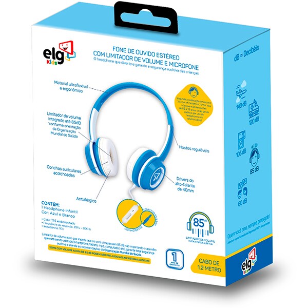 Headphone infantil, P3, Azul e Branco, KD01BW, Elg - CX 1 UN