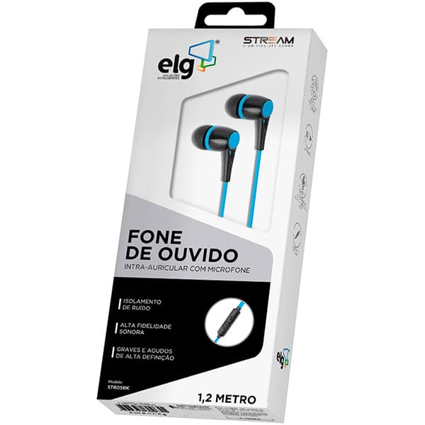 Fone de ouvido intra auricular com microfone, Azul e Preto, STR05BK, Elg - CX 1 UN