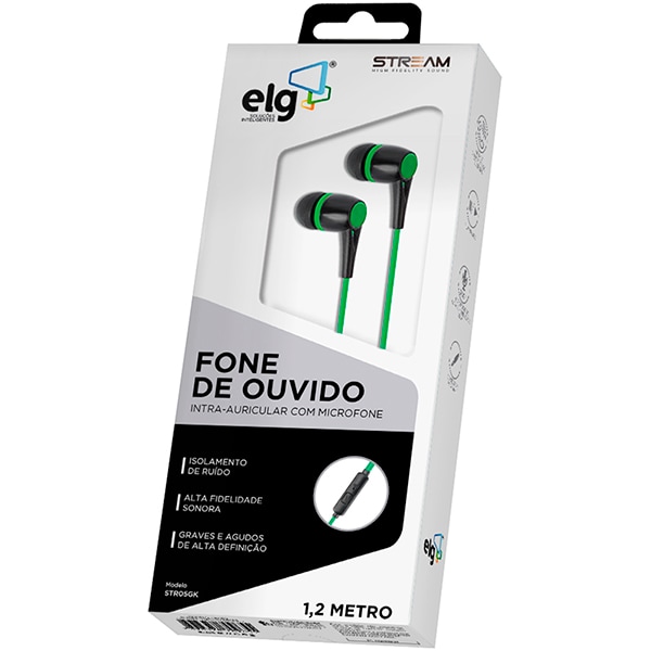 Fone de ouvido intra-auricular com microfone, Verde e Preto, STR05GK, Elg - CX 1 UN