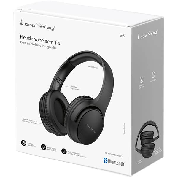 Headphone sem fio E6, Bluetooh 5.4, Entrada P2, Slot de cartão TF, AUX, Preto, E6, Loop Way - CX 1 UN