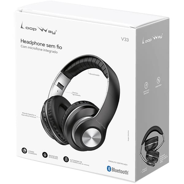 Headphone sem fio V33, Bluetooh 5.4, Entrada P2, Slot de cartão TF, AUX, Preto, Loop Way - CX 1 UN