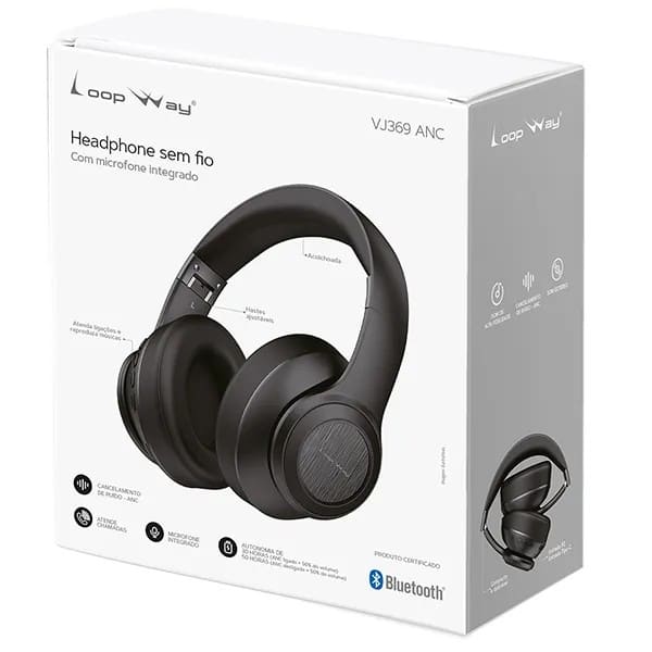 Headphone Bluetooth 5.4 com Cancelamento de Ruído, P2, Preto, VJ369, Loop Way - CX 1 UN Headphone Bluetooth 5.4 com Cancelamento de Ruído, P2, Preto, VJ369, Loop Way - CX 1 UN