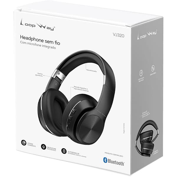 Headphone sem fio VJ320, Bluetooh 5.4, Entrada P2, Slot de cartão TF, AUX, Preto, Loop Way - CX 1 UN