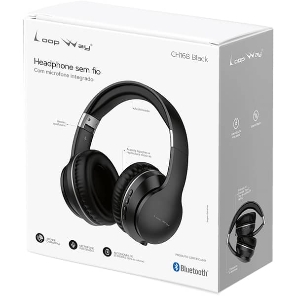 Headphone sem fio CH168, Bluetooh 5.4, Entrada P2, Slot de cartão TF, AUX, Preto, CH168, Loop Way - CX 1 UN