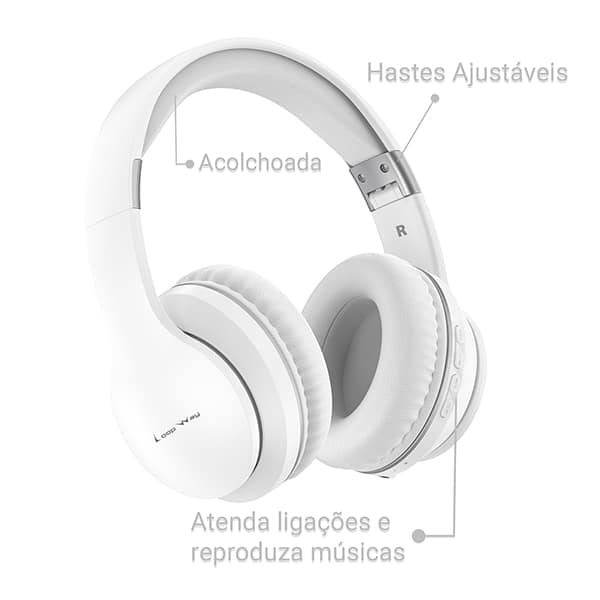 Headphone sem fio CH168, Bluetooh 5.4, Entrada P2, Slot de cartão TF, AUX, Branco, CH168, Loop Way - CX 1 UN