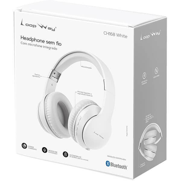 Headphone sem fio CH168, Bluetooh 5.4, Entrada P2, Slot de cartão TF, AUX, Branco, CH168, Loop Way - CX 1 UN