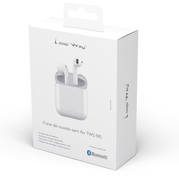 Fone de ouvido bluetooth TWS, Branco, I9S, Loop Way - CX 1 UN