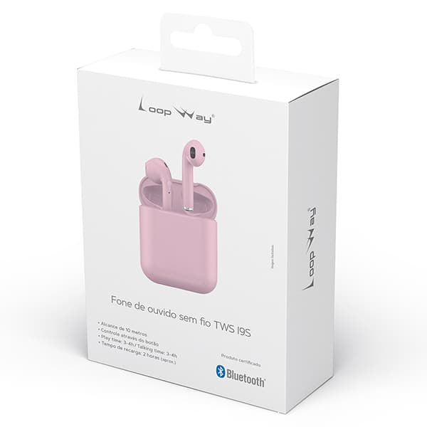 Fone de ouvido bluetooth TWS, Rosa, I9S, Loop Way - CX 1 UN