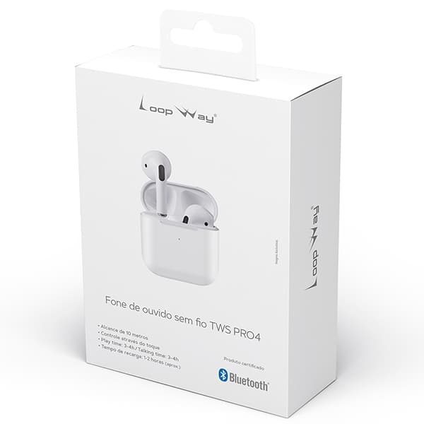 Fone de ouvido bluetooth TWS, Branco, Pro4, Loop Way - CX 1 UN