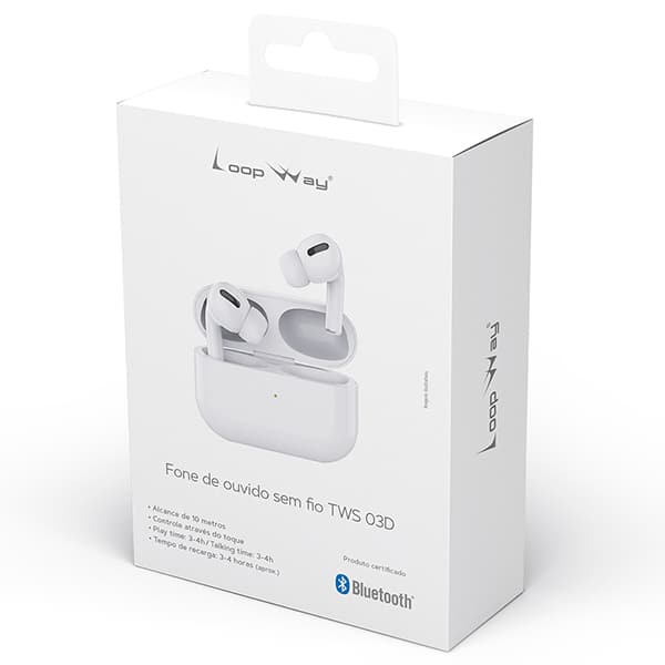 Fone de ouvido bluetooth TWS, Branco, 03D, Loop Way - CX 1 UN