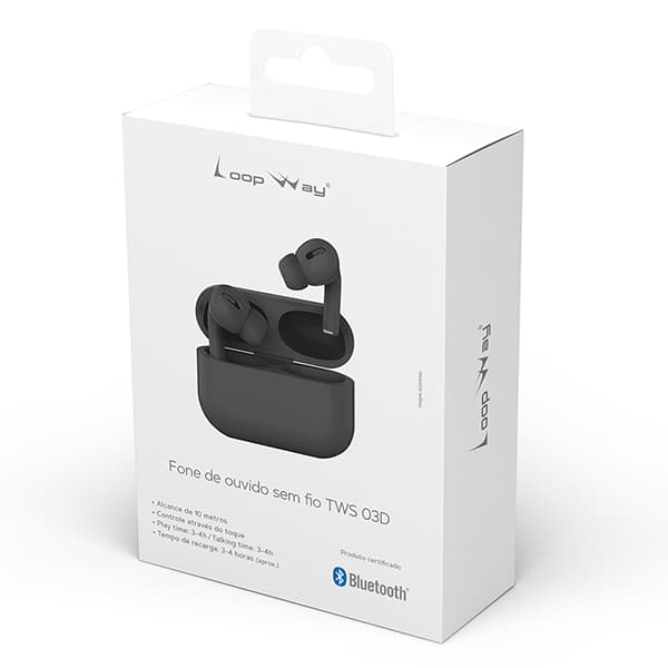 Fone de ouvido bluetooth TWS, Preto, 03D, Loop Way - CX 1 UN
