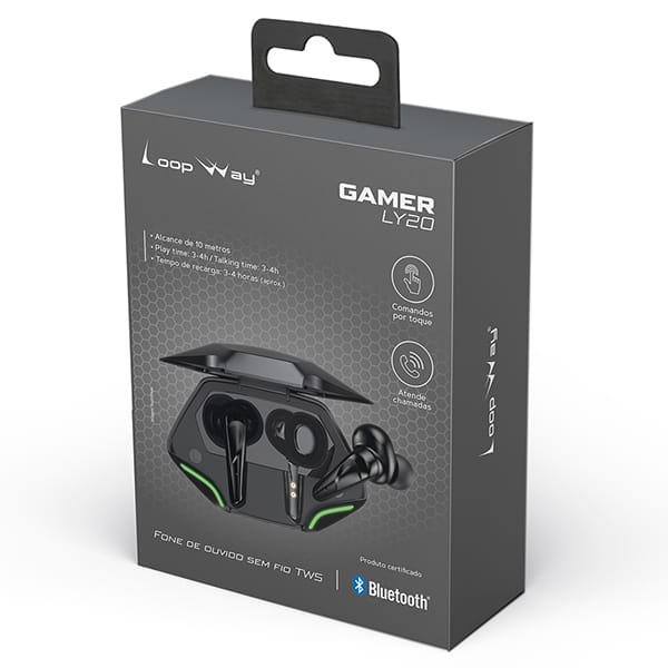 Fone de ouvido bluetooth TWS Gamer, Preto, LY20, Loop Way - CX 1 UN