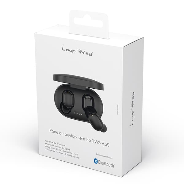 Fone de ouvido bluetooth TWS, Preto, A6S, Loop Way - CX 1 UN