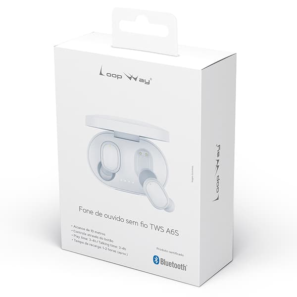 Fone de ouvido bluetooth TWS, Branco, A6S, Loop Way - CX 1 UN