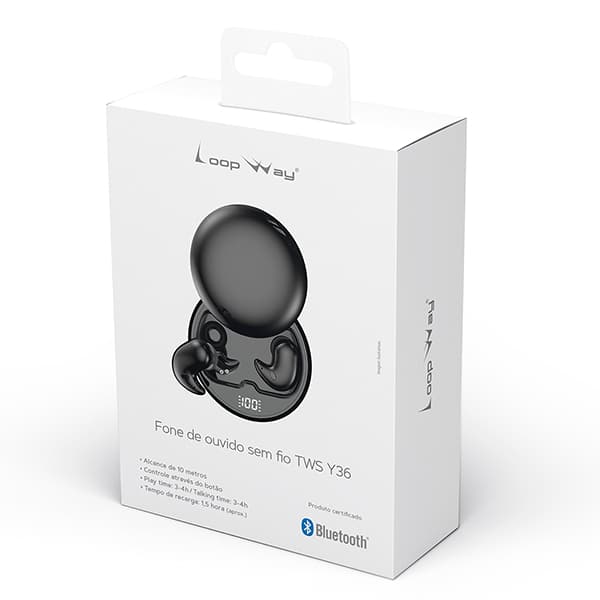 Fone de ouvido bluetooth TWS, Preto, Y36, Loop Way - CX 1 UN