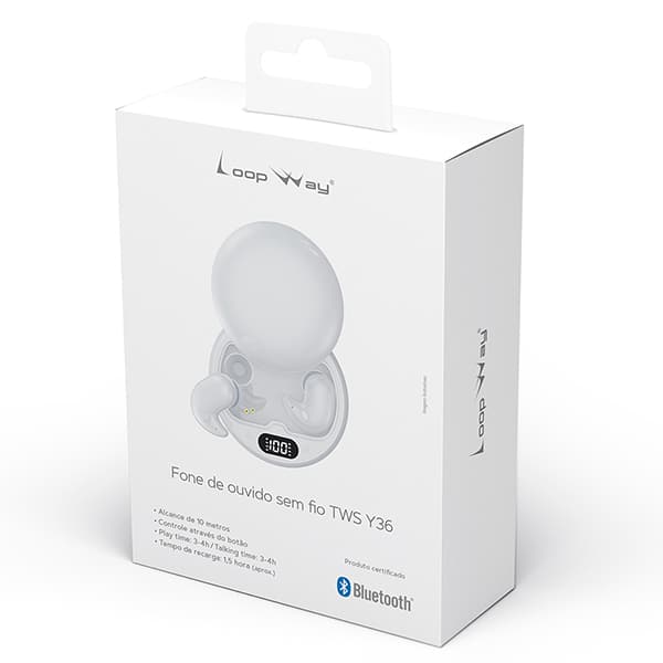 Fone de ouvido bluetooth TWS, Branco, Y36, Loop Way - CX 1 UN