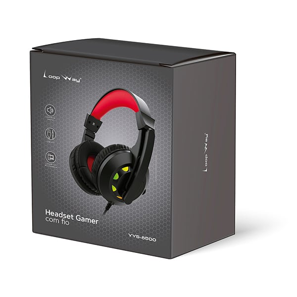 Headset Gamer com fio USB e P2, Preto e Vermelho, YYS-8500, Loop Way - CX 1 UN