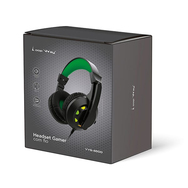 Headset Gamer com fio USB e P2, Preto e Verde, YYS-8500, Loop Way - CX 1 UN